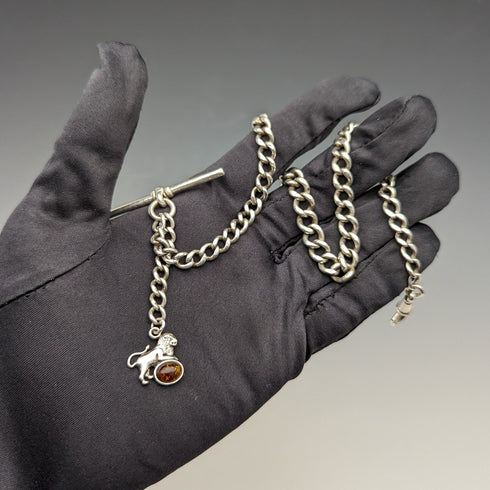 Circa 1910 British Antique Sterling Silver Albert Chain 34g Lion Fob with Amber
